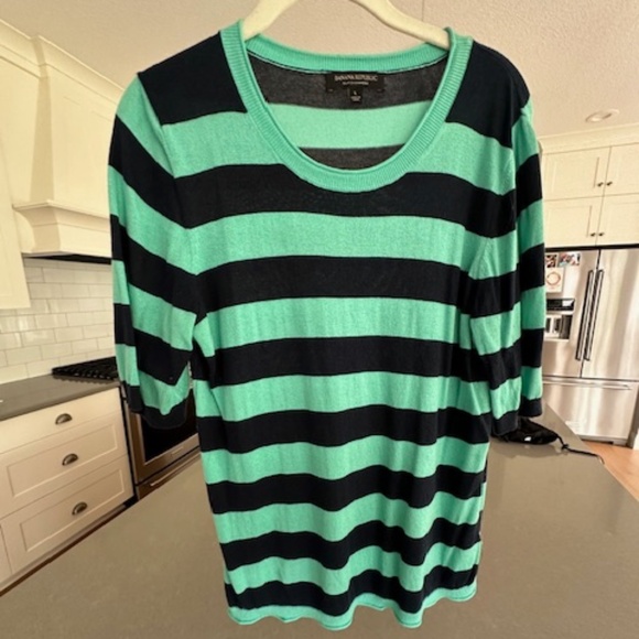 Banana Republic Mint & Navy Striped Silk Cashmere Short Sleeve Sweater EUC - Picture 1 of 10